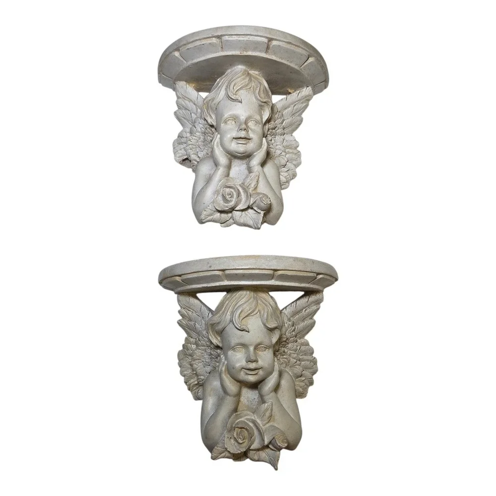 Set of 2 Vintage Hand Carved Wood Cherub Angel Wall Shelf Corbels with Roses